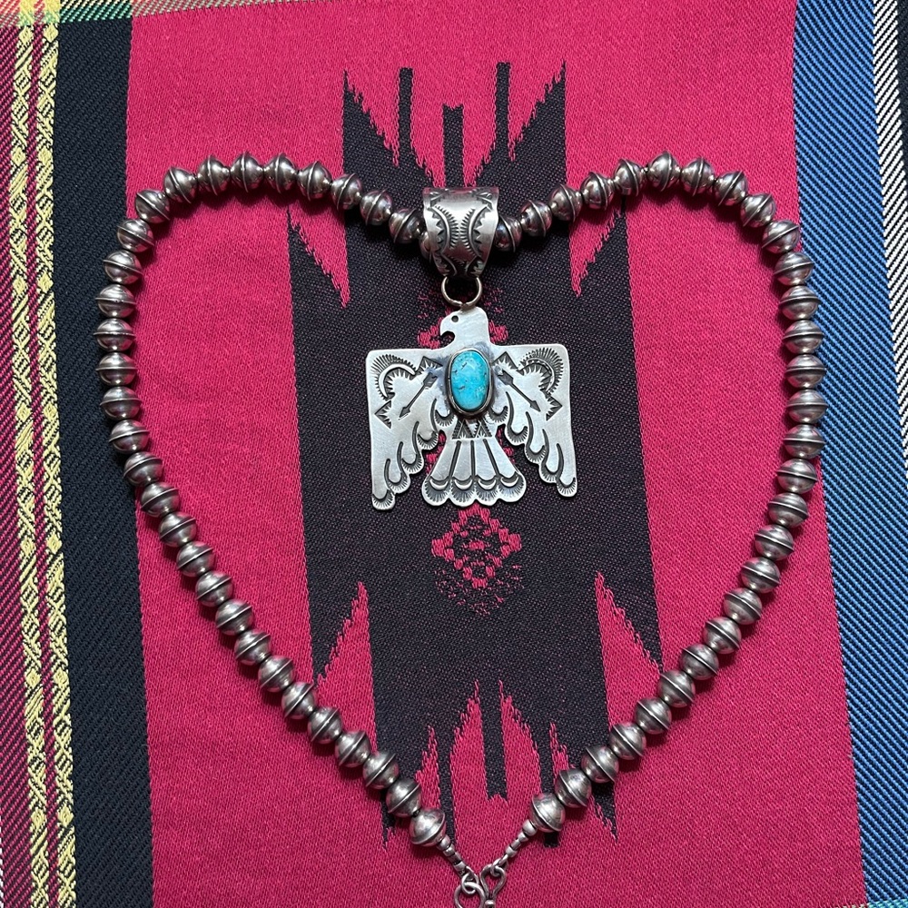 ‼️SOLD‼️ Turquoise and Silver Navajo Pearls Thunderbird Necklace